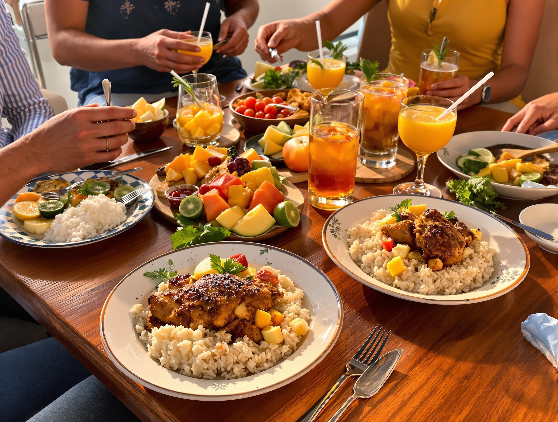 Repas créole servi à bord, colombo de poulet et accras